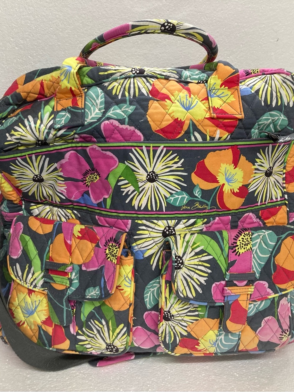 Vera Bradley Quilted Tote in Gray with Pink, Yellow & Green Floral Print